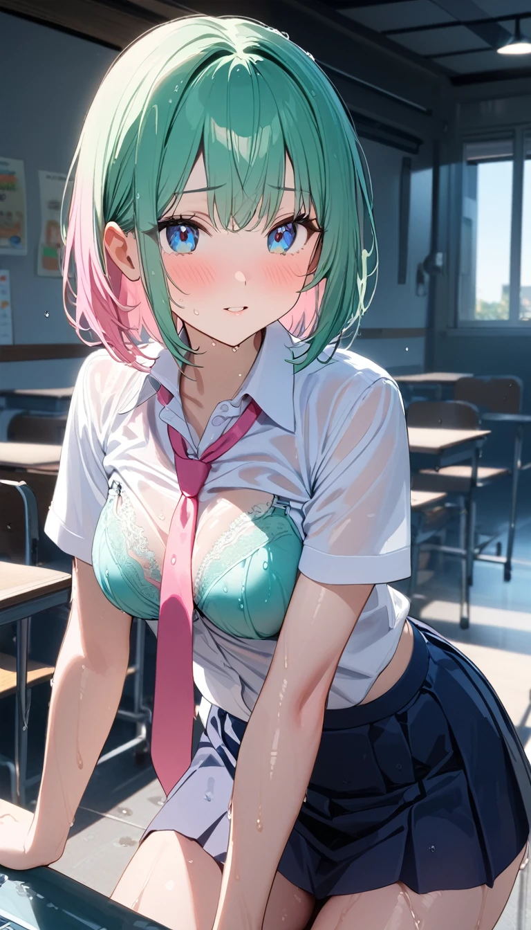 (1 girl),(Best Picture Quality, 8K, Masterpiece:1.3), (high school student:1.5), (pink lob hair), (bob cut), (slant skyblue eyes), ((school uniform, white short simple sleeve shirt, darkblue skirt, pink tie)), (super clear:1.5), (glistening skin:1.1),(pale skin:1.1), (standard weight), (medium breasts).(mintgreen lace bra),(mintgreen striped pattern panties), (wet:1.5)