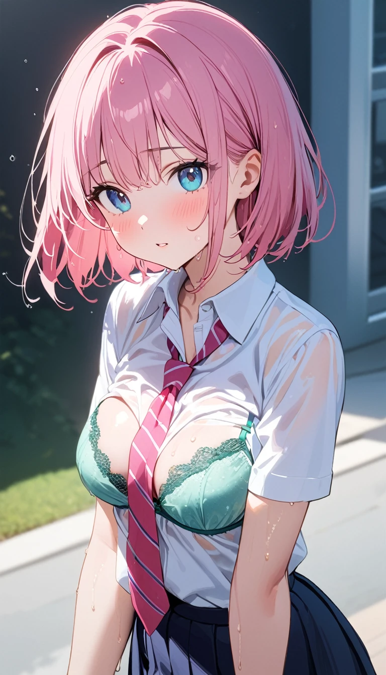 (1 girl),(Best Picture Quality, 8K, Masterpiece:1.3), (high school student:1.5), (pink lob hair), (bob cut), (slant skyblue eyes), ((school uniform, white short simple sleeve shirt, darkblue skirt, pink tie)), (super clear:1.5), (glistening skin:1.1),(pale skin:1.1), (standard weight), (medium breasts).(mintgreen lace bra),(mintgreen striped pattern panties), (wet:1.5)