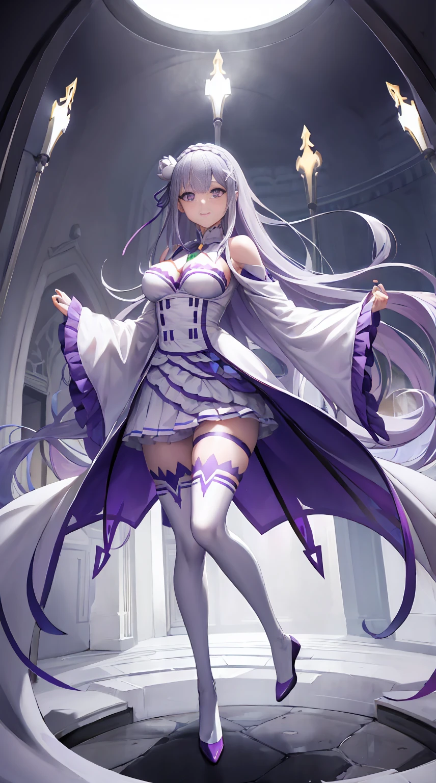 Lezero emilia, emilia, Braid, Crown Braid, flower, ヘアflower, hair ornaments, ヘアribbon, long hair, pointed ears, (purple eyes:1.2), gray hair, X hair ornaments,
Break Detach Color, removed sleeve, frills袖, frills, long sleeve, ミニskirt, プリーツskirt, ribbon, skirt, thighs thighs thighs, 白いskirt, white sleeves, white thighs, wide sleeve, zettai ryouiki,

 break (muste piece:1.2), highest quality, High resolution, unity 8k wallpaper, (illustration:0.8), (detailed and beautiful eyes:1.6), highly detailed face, perfect lighting, Highly detailed CG, (perfect hands, perfect anatomy),standing、bad fall, 1 girl, alone, genital tattoo,remake、Lipstick、eyeliner / Mascara Eyeshadow bad fall、Bad Woman、bad looking、empty eyes、psychopath、Eyes pink、grin、smile, light smile,knife、Low - Angle、long legs、long toes、Transparent pupils are moderately large))full body image、high heels、Accentuated legs、（high heelsを履いている、white thighs、white knee highs）、Spooky, , worm, ,tentacle, flesh-colored,Muchimuchi、マイクロミニskirt、black panties、D, A chest that is about to burst, cleavage,、too long、9 life-size models、