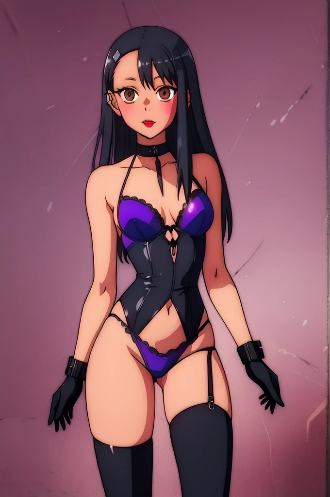 Gothic, Gothic clothing, Black Gothic, Black hair with a Violet shine, slim but sexy, light brown eyes, red lips Black clothes, sexy black lingerie, long black boots.