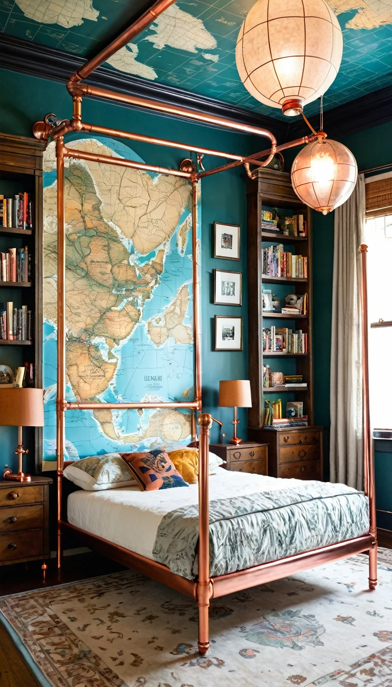 Steampunk Victorian bedroom with copper pipe canopy bed, vintage map wallpaper, hot air balloon light fixtures, and a hidden bookcase door