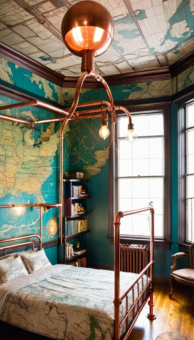 Steampunk Victorian bedroom with copper pipe canopy bed, vintage map wallpaper, hot air balloon light fixtures, and a hidden bookcase door