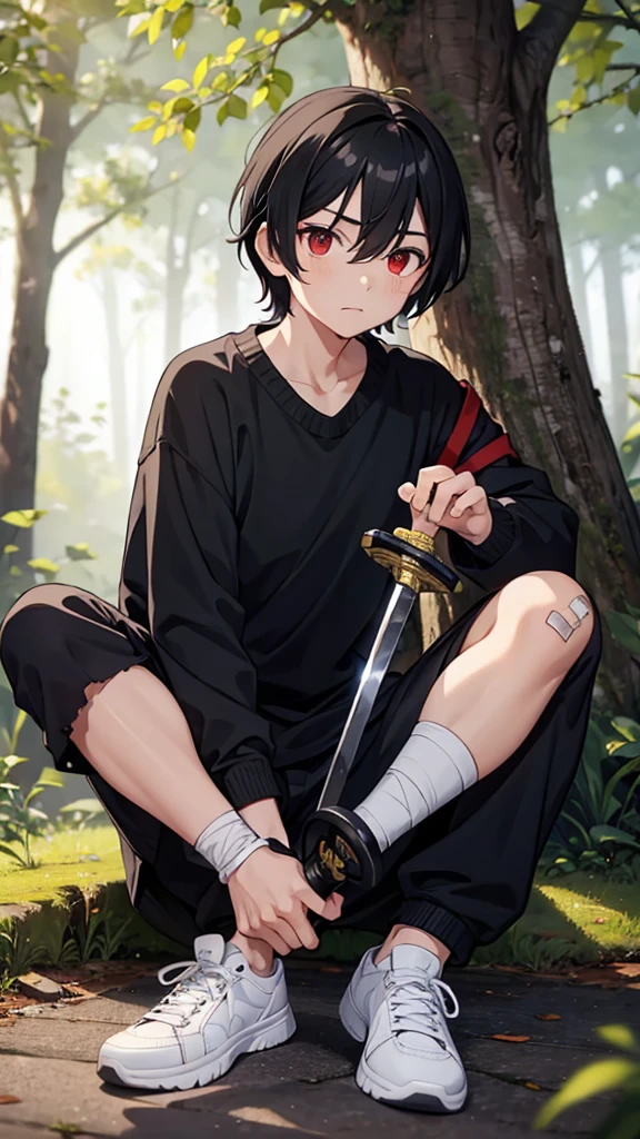 solo, looking Little young boy, at viewer, black hair, red eyes, 1boy, hair between eyes, sitting, full body, weapon, male focus, outdoors, shoes, sword, blurry, sweater, tree, torn clothes, blood, blurry background, bandages, katana, aged down, sneakers, , nature, bandaid, forest, injury, male , bandaged hand