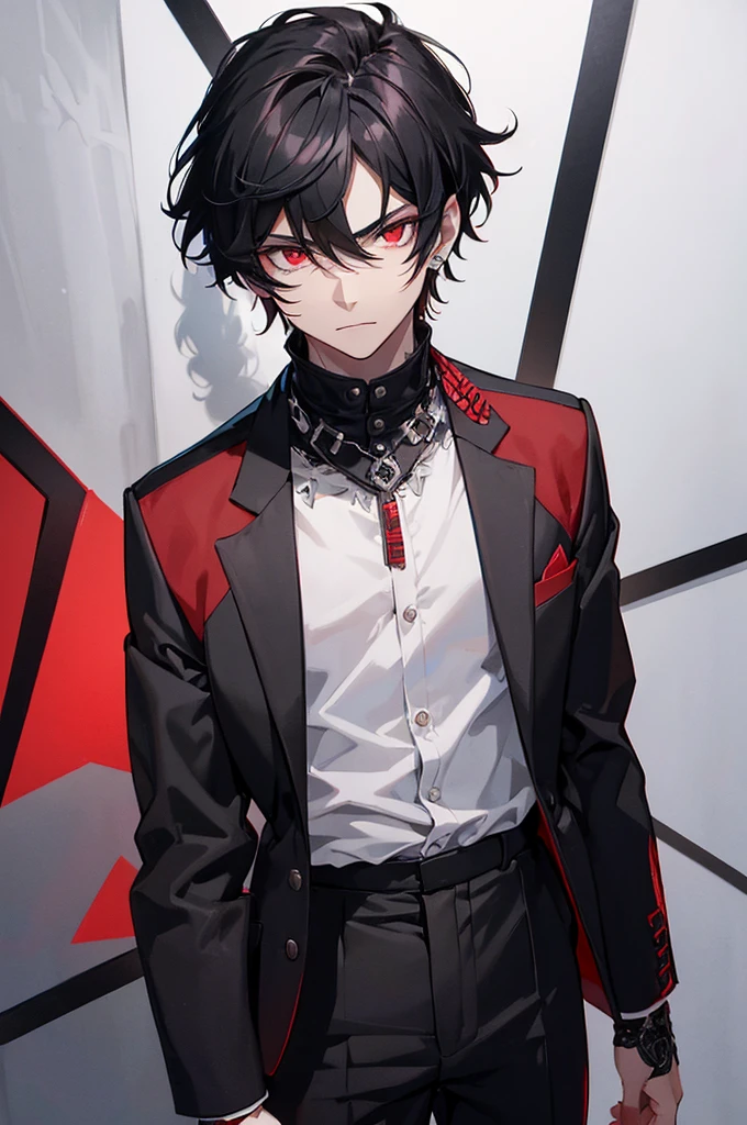 (Highest quality,Super detailed,Realistic:1.37),A boy with black hair and dark red eyes,dressed in black,It gives off a dark aura. He seems to have both human and demonic qualities., With sharp devilish features. He wears an earring in one ear, This adds to his mysterious and attractive appearance.. The hair and eyes are also very detailed., Capture the intensity of each hair and red eye.Wearing black clothing,The trousers are also black., The overall image should have a Realistic and photoRealistic quality, Vibrant colors accentuate the contrast between the boy's appearance and the dark atmosphere.. The lighting should be dramatic., Use shadows to add depth to character features. The art style can be a mix of concept art and anime, blending Realistic elements with a touch of fantasy. The image should have a dark and moody tone, Enhances the mystical and supernatural atmosphere.I'm watching this from close range