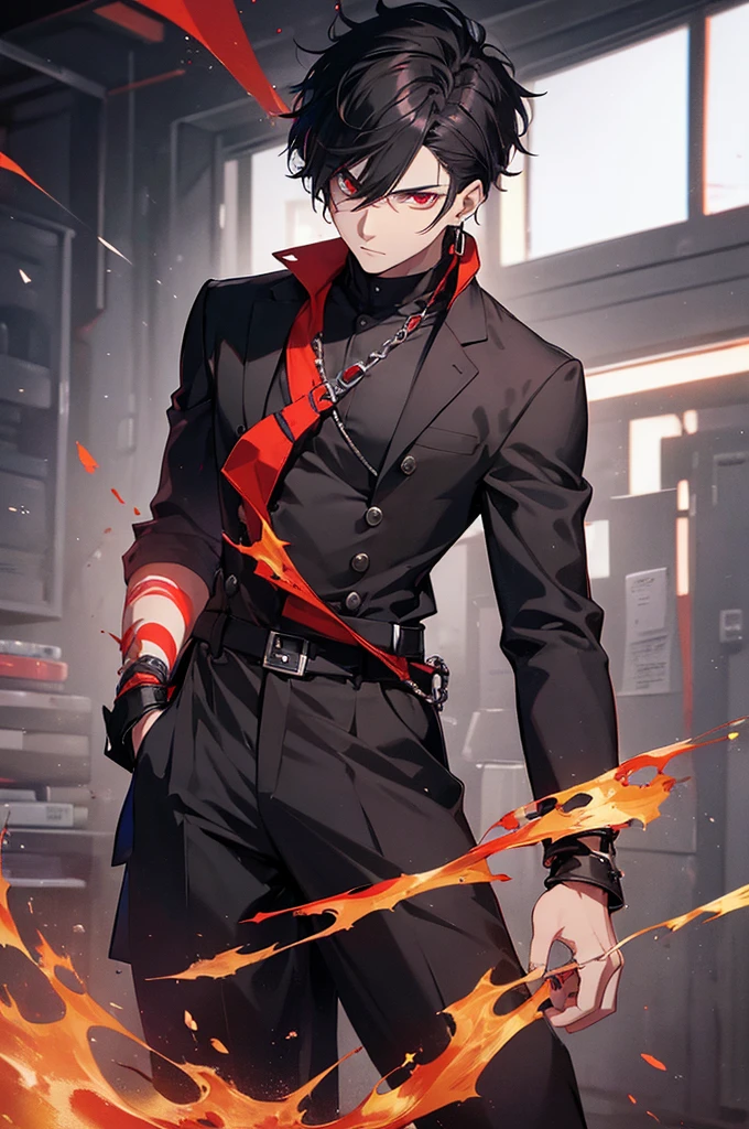 (Highest quality,Super detailed,Realistic:1.37),A boy with black hair and dark red eyes,dressed in black,It gives off a dark aura. He seems to have both human and demonic qualities., With sharp devilish features. He wears an earring in one ear, This adds to his mysterious and attractive appearance.. The hair and eyes are also very detailed., Capture the intensity of each hair and red eye.Wearing black clothing,The trousers are also black., The overall image should have a Realistic and photoRealistic quality, Vibrant colors accentuate the contrast between the boy's appearance and the dark atmosphere.. The lighting should be dramatic., Use shadows to add depth to character features. The art style can be a mix of concept art and anime, blending Realistic elements with a touch of fantasy. The image should have a dark and moody tone, Enhances the mystical and supernatural atmosphere.I'm watching this from close range