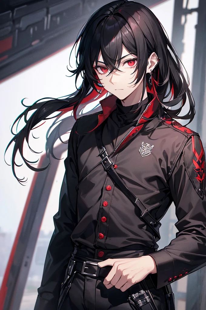 (Highest quality,Super detailed,Realistic:1.37),A boy with black hair and dark red eyes,dressed in black,It gives off a dark aura. He seems to have both human and demonic qualities., With sharp devilish features. He wears an earring in one ear, This adds to his mysterious and attractive appearance.. The hair and eyes are also very detailed., Capture the intensity of each hair and red eye.Wearing black clothing,The trousers are also black., The overall image should have a Realistic and photoRealistic quality, Vibrant colors accentuate the contrast between the boy's appearance and the dark atmosphere.. The lighting should be dramatic., Use shadows to add depth to character features. The art style can be a mix of concept art and anime, blending Realistic elements with a touch of fantasy. The image should have a dark and moody tone, Enhances the mystical and supernatural atmosphere.I'm watching this from close range