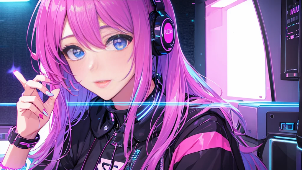 a beautiful woman having fun listens to electronic music in her room, close-up, wears modern casual clothes, LED and neon lighting, high definition, high resolution, intricate details, anime style 2d flat