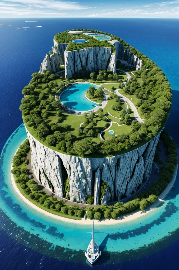 A slightly futuristic artificial island with nature