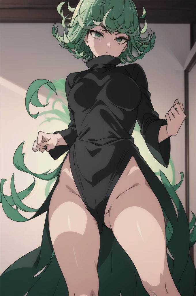 masterpiece, best quality,(colorful), (delicate eyes and face), volumetric light, ray tracing, extremely detailed CG unity 8k wallpaper, low key, tatsumaki, , small breasts, green eyes, glowing eyes, green hair, black dress, long sleeves, side slits, from behind, ((Bedroom background)), Green Panties, Camel Toe, Sexy pose, Big ASS, one girl, detailed anatomy, perfect body. tatsumaki