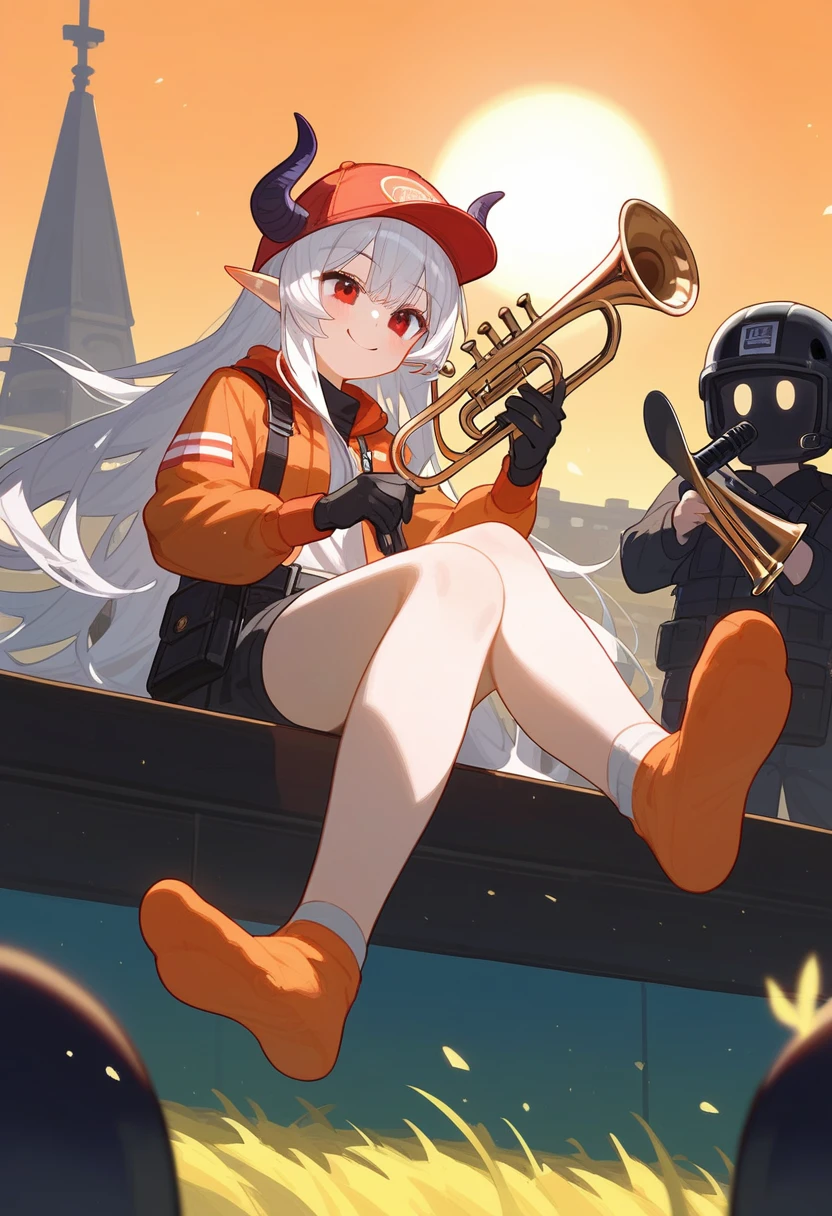 Fraction_9,Fraction_8_Direction_7_up,1 Girl,Mudstone (Ark of Tomorrow),foot,Gloves,helmet,trumpet,Red Eyes,赤foot,Pointed ears,breast,Solitary,Long hair,White hair,black Gloves,foot趾,cap,foot部焦点,Looking at the audience,sit,Keep,outdoor,sky空,Bangs, (Ark of Tomorrow),sky,Smile,blush,demon trumpet,Infection monitors (Ark of Tomorrow),shorten,sun,