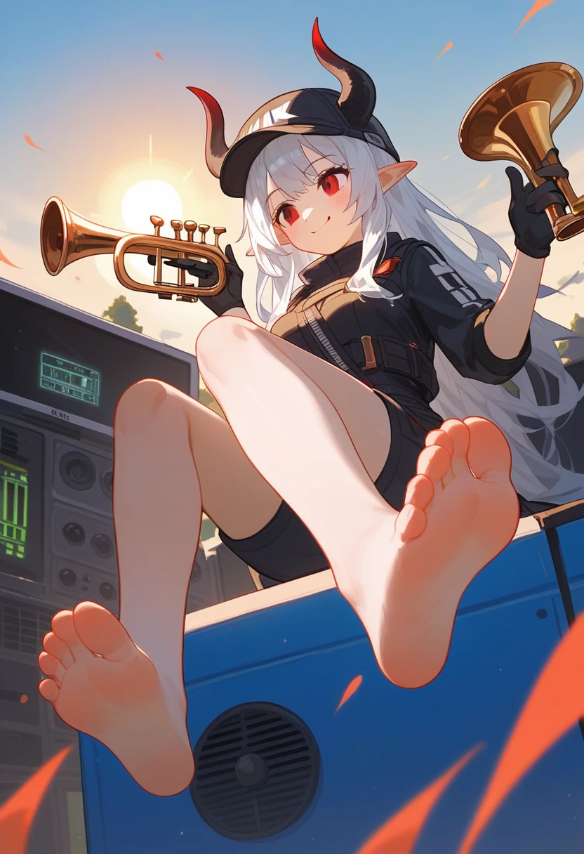 Fraction_9,Fraction_8_Direction_7_up,1 Girl,Mudstone (Ark of Tomorrow),foot,Gloves,helmet,trumpet,Red Eyes,赤foot,Pointed ears,breast,Solitary,Long hair,White hair,black Gloves,foot趾,cap,foot部焦点,Looking at the audience,sit,Keep,outdoor,sky空,Bangs, (Ark of Tomorrow),sky,Smile,blush,demon trumpet,Infection monitors (Ark of Tomorrow),shorten,sun,