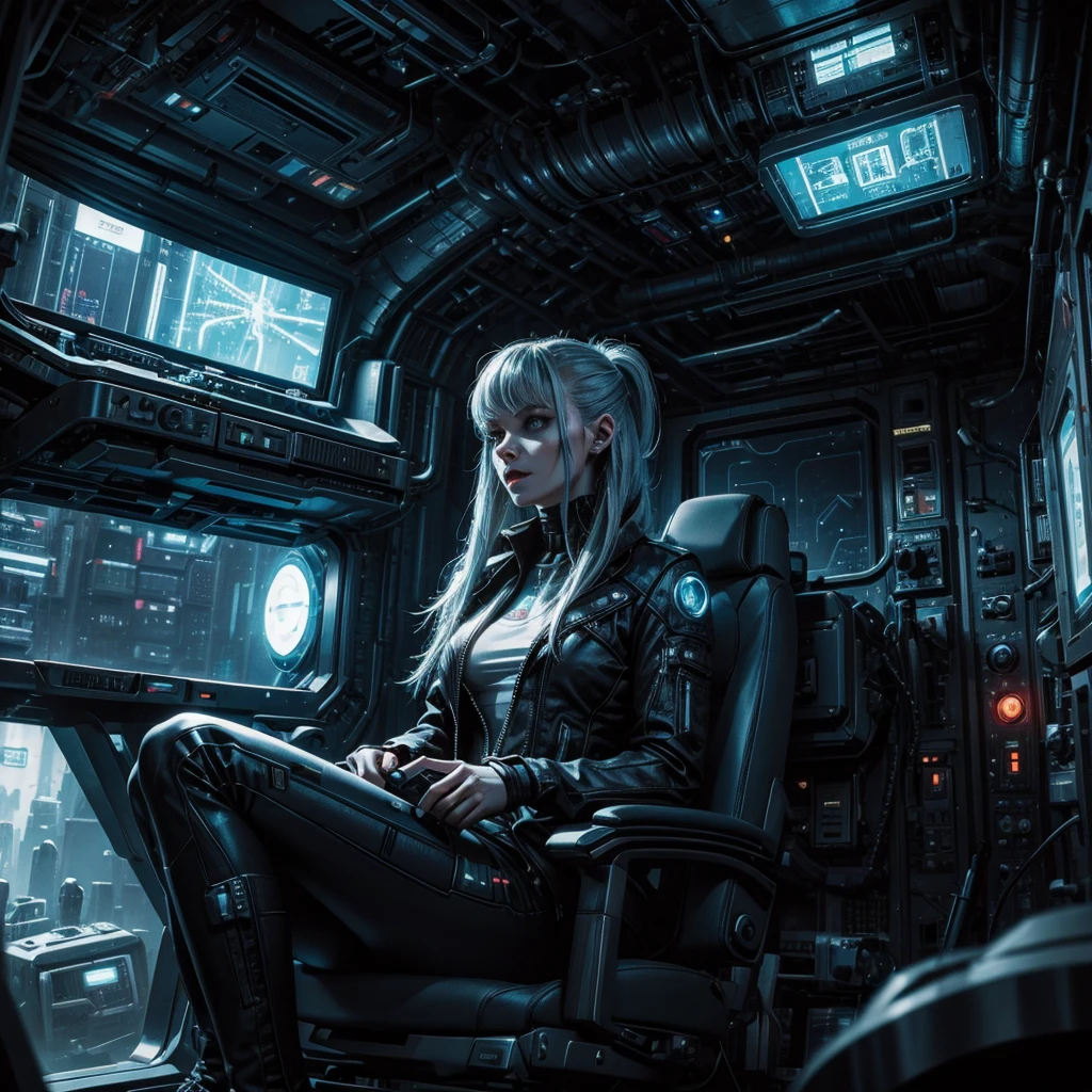 A cyberpunk woman inside a spaceship, behind her an alien of the gray race, the spaceship seems abandoned, the technological instruments of the spaceship can be glimpsed