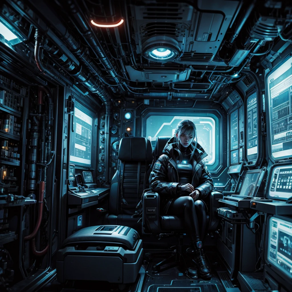 A cyberpunk woman inside a spaceship, behind her an alien of the gray race, the spaceship seems abandoned, the technological instruments of the spaceship can be glimpsed