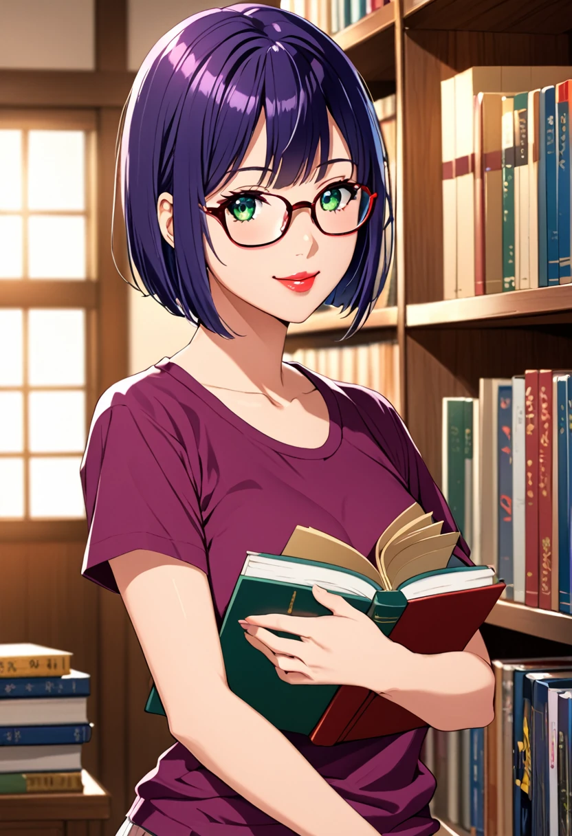 Una chica anime de 27 años con camiseta azul morado sin mangas informal de cuello alto parada frente a una estantería de libros, solo, personaje de anime femenino, visual anime de una mujer joven, Bob Haircut, red painted lips, thick lips, black hair, wearing glasses, big breast, green eyes, smiling, takeda hiromitsu style, cowboy full shot, (masterpiece:1.1), (best quality:1.1), (super detailed:1.1)