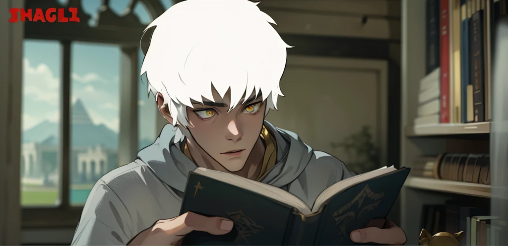 19-year-old man with white hair and yellow eyes, he has a black tunic, he is reading an old book, behind him you can see an old library., Behind it you can see an ancient library and a city with beautiful and ancient pyramids.