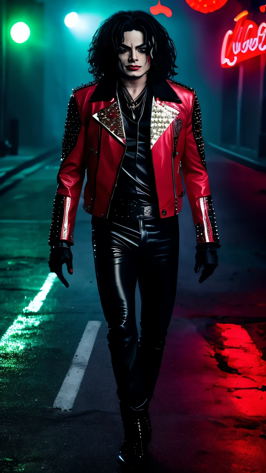 Generate a representation of Michael Jackson with a red leather jacket adorned with gold studs, tight black pants and black gloves. He's on a dark, deserted street, illuminated by green neon lights, recreating the atmosphere of the clip "thriller".