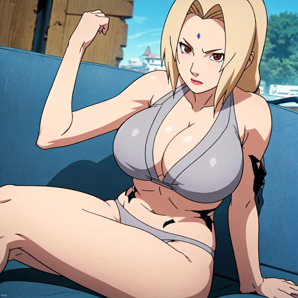 masterwork, best quality, Sharpness, Tsunade Senju, bikini, detailed, bigtits, beach, shy