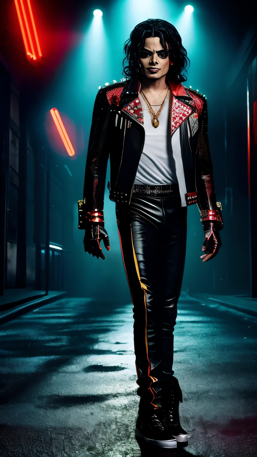Generate a representation of Michael Jackson with a red leather jacket adorned with gold studs, tight black pants and black gloves. He's on a dark, deserted street, illuminated by green neon lights, recreating the atmosphere of the clip "thriller".