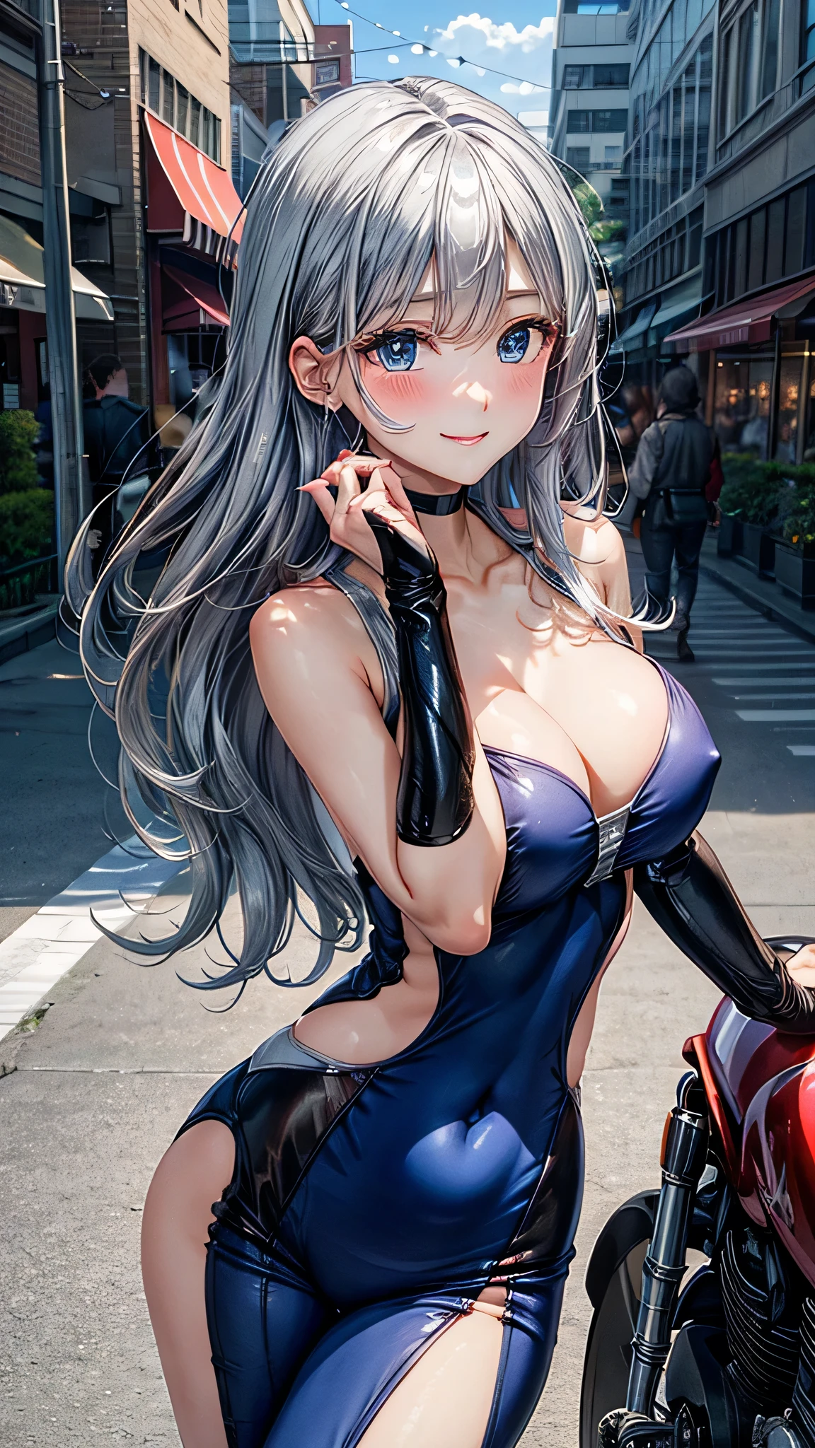((Highest quality)), ((High resolution)), ((masterpiece)), (detailed), (photograph),
View Audience, Cowboy Shot, Written boundary depth, Anatomically correct, 1people, Mature Woman, Perfect Face, Cute and symmetrical face, Shiny skin,
(Long Hair:1.4, Silver Hair), Hair between the eyes, blue eyes, Long eyelashes, (Big Breasts:0.9),
Beautiful details, Beautiful Hair, Beautiful Face, Beautiful clavicle, Beautiful body, Beautiful belly button, Beautiful breasts, Beautiful feet,
(Racing Suits),
(Beautiful views), evening, motor cycle, (Cute Smile),