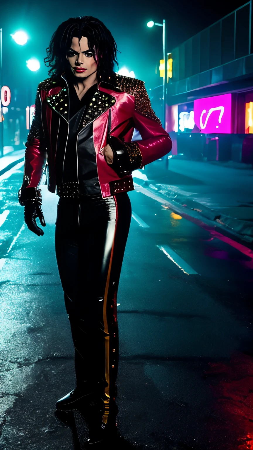 Generate a representation of Michael Jackson with a red leather jacket adorned with gold studs, tight black pants and black gloves. He's on a dark, deserted street, illuminated by green neon lights, recreating the atmosphere of the clip "thriller".