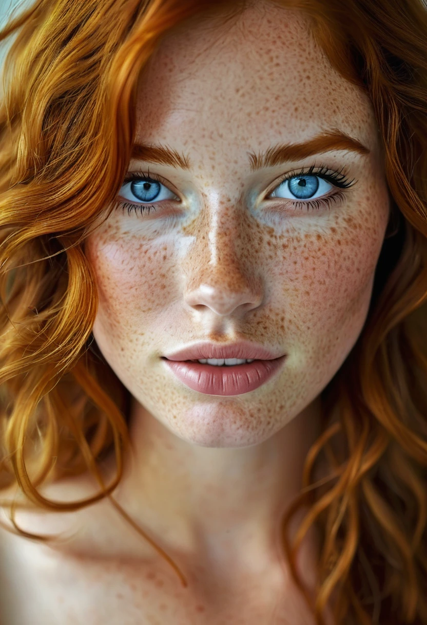 cute, (((no makeup))), natural redhead lady, freckles, blue, young, big chest, 20 years old, naked