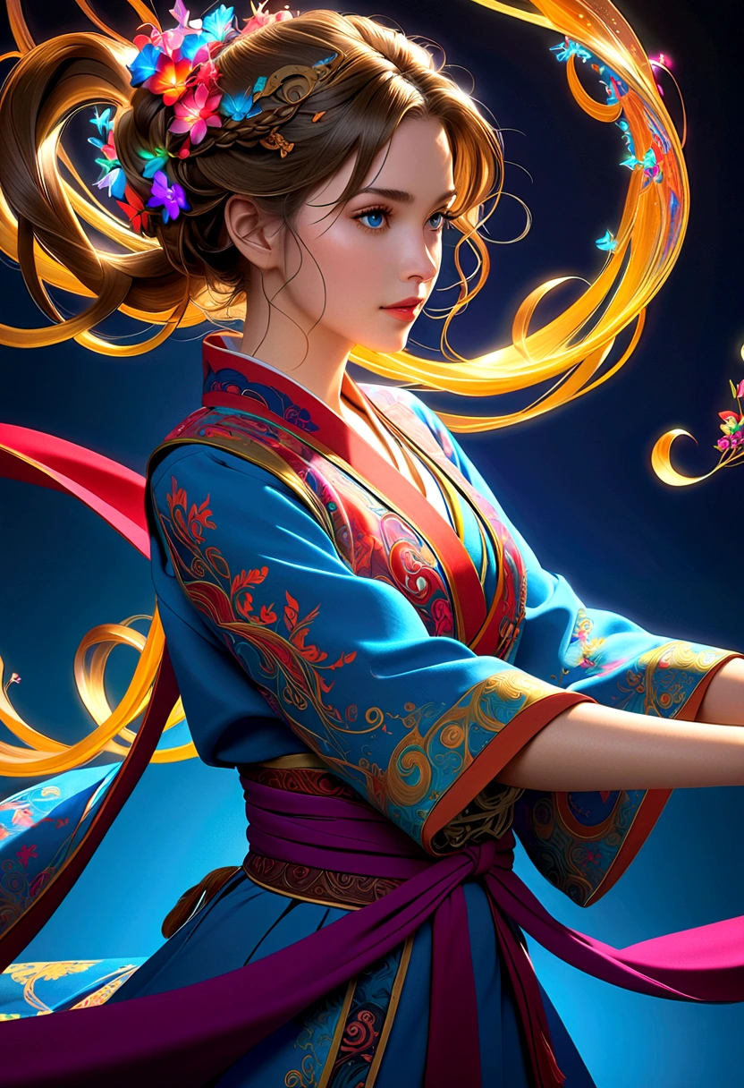 (masterpiece, Top quality, best quality, Official Art, beautiful and aesthetic:1.2), 1 Girl, Extremely detailed,(Fractal Art:1.2),rich and colorful,The most detailed,(tangled:1.2), Dynamic poses, Blue Background, (Traditional clothing:1.2), Glowing skin, Many colors, Upper Body