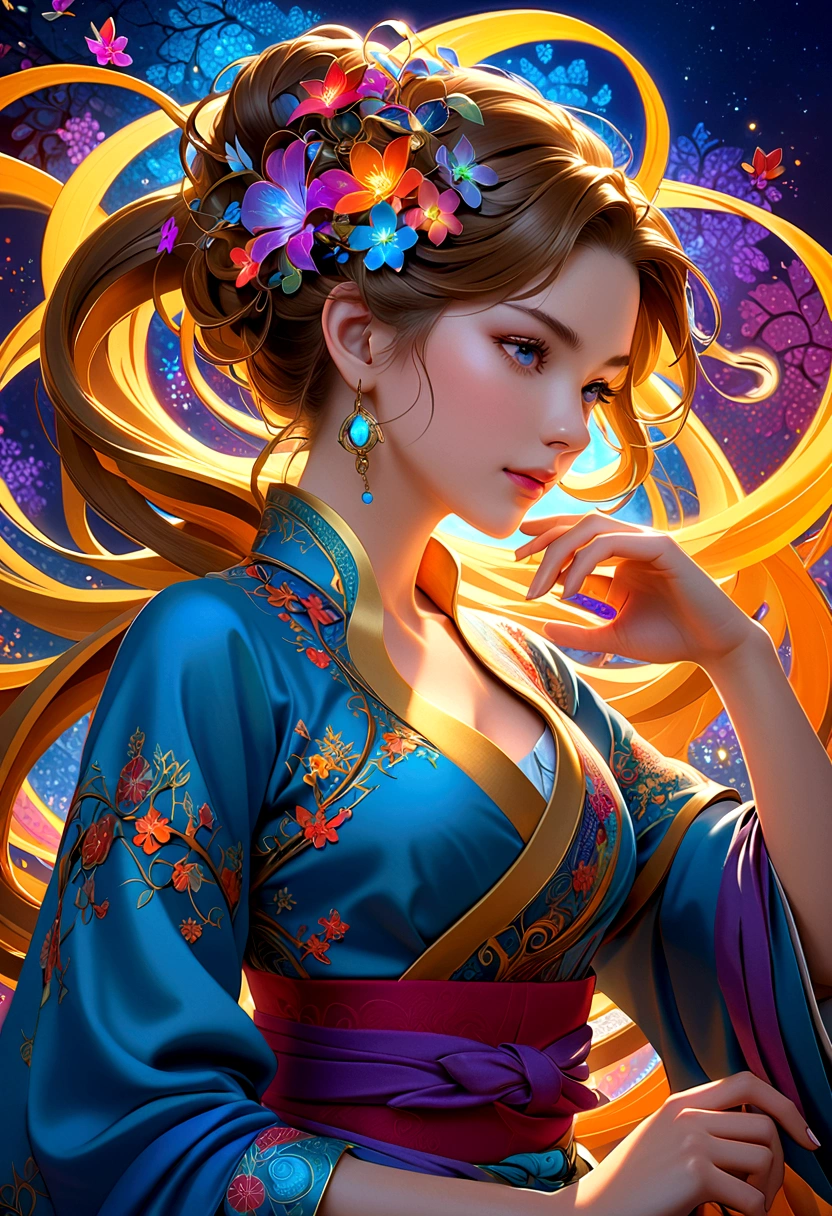 (masterpiece, Top quality, best quality, Official Art, beautiful and aesthetic:1.2), 1 Girl, Extremely detailed,(Fractal Art:1.2),rich and colorful,The most detailed,(tangled:1.2), Dynamic poses, Blue Background, (Traditional clothing:1.2), Glowing skin, Many colors, Upper Body