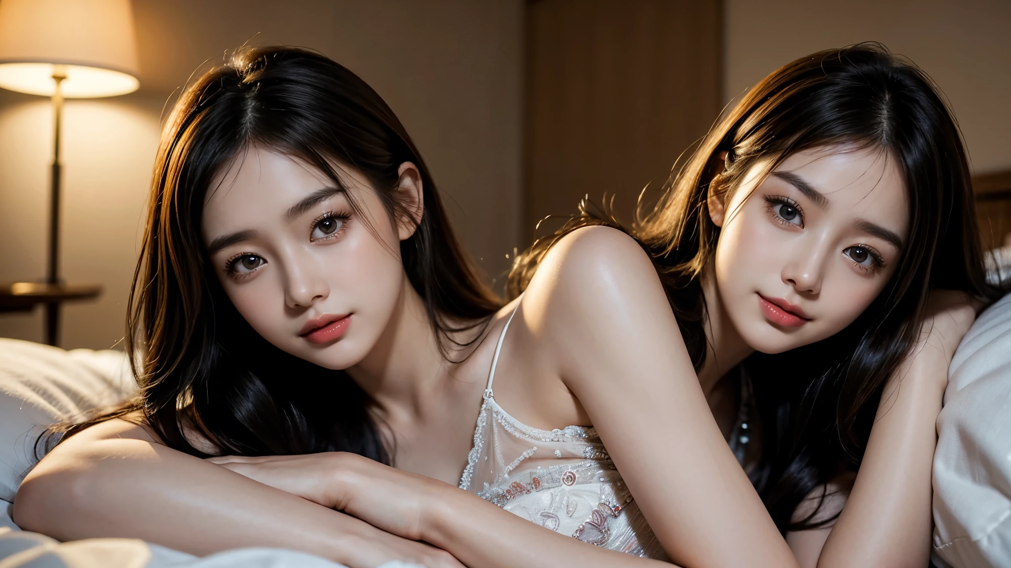 a smiling happy korean girl,1 girl, young girl,beautiful detailed eyes,beautiful detailed lips,extremely detailed eyes and face,longeyelashes,above knee length modern magenta sweetheart dress,sleeping in hotel bedroom, lay down on bed,ultrarealistic,ultra hd,photorealistic,highres,masterpiece,extremely detailed,sharp focus,vivid colors,natural lighting,soft lighting,warm color tones