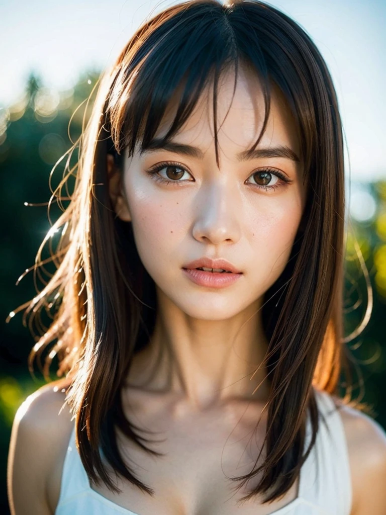 {top-quality}, {{masterpiece}}, {extremely delicate and beautiful},Outstanding light and shadow, highly detailed wallpaper,Clear and bright sunlight,1girl in,lightly dressed、Gaze staring at the sky,red blush,Strong sunshine,delicate and messy hair,realistic skin textures, Pronounced pores and skin wrinkles,resort beach,((strong light shines on the face)), toned hips