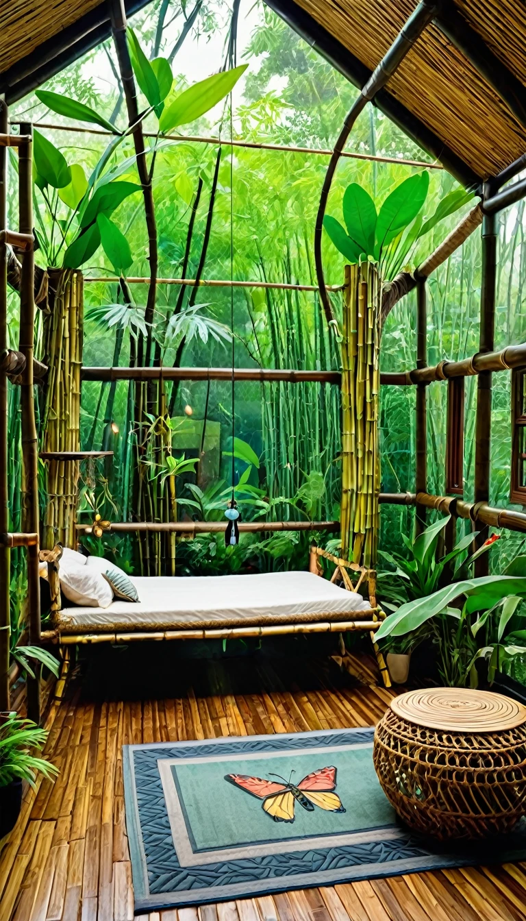 Tropical treehouse bedroom with bamboo furniture, a living butterfly wall terrarium, rope bridge to a private balcony, and a rainfall shower canopy
