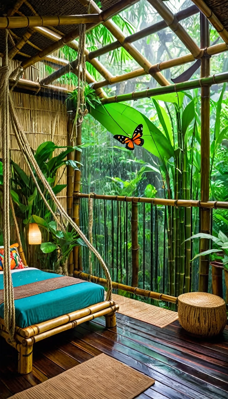 Tropical treehouse bedroom with bamboo furniture, a living butterfly wall terrarium, rope bridge to a private balcony, and a rainfall shower canopy