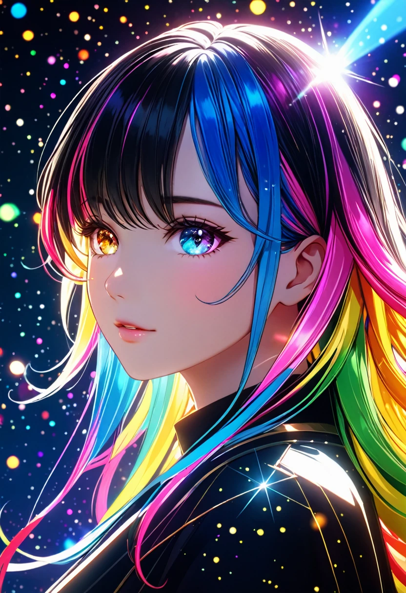 {{masterpiece}}, best quality, extremely detailed CG unity 8k wallpaper, cinematic lighting, lens flare, beautiful detail eyes, black,  side glance,  multicolor hair, colorful light, particles, heterochromia, (colorful:1.5), (colorful hair:1.5),