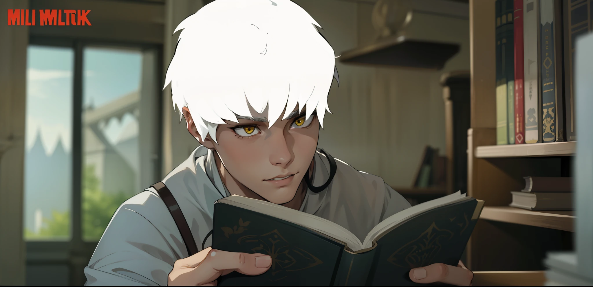 19-year-old man with white hair and yellow eyes, he has a black tunic, he is reading an old book, behind him you can see an old library.
