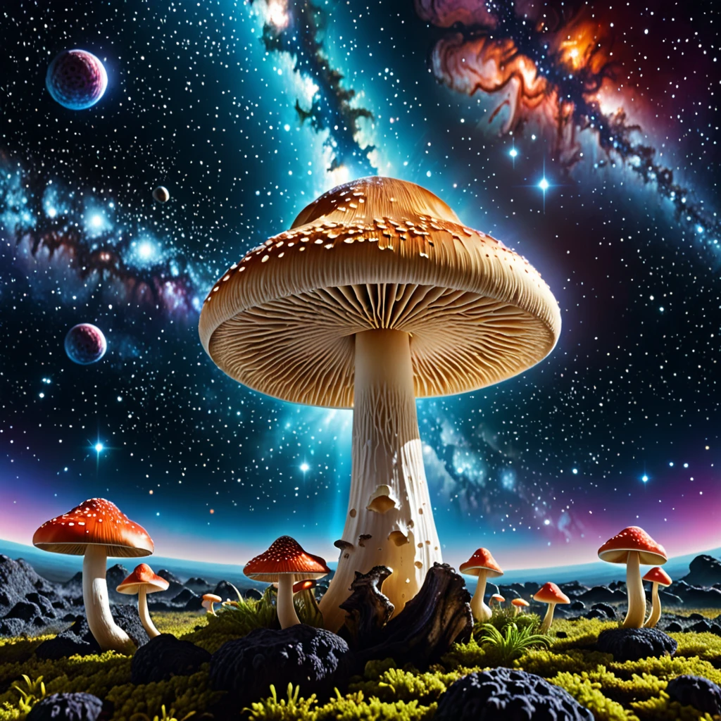 holy space mushroom on space background photorealistic, feeling omnipotence of the mushroom and feeling that the mushroom is god, some godly energy is pulsating from inside of the muchroom
