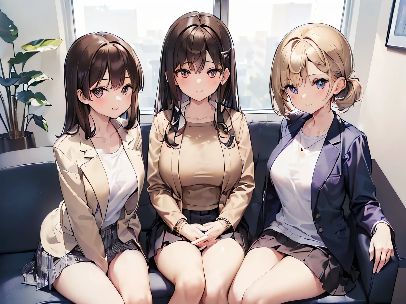 (Masterpiece, highest quality, high resolution, realistic photo, realistic looking skin:1.1), 
(Three women are sitting on a couch in a break room in the office:1.8), 
(all with happy smiling faces:1.5),
(The first person is wearing a gray blazer and a plain white T-shirt, the second person is wearing a dark blue blazer and a plain white T-shirt, and the third person is wearing a beige blazer and a plain white T-shirt:1.8),
(All are wearing mini-skirts:1.8),
(All are wearing pumps on their feet: 1.8), 
(The first has long black hair, the second has medium brown hair, and the third has long brown hair:1.8),
(The first has a mature face, the second has an age-appropriate face like mid-twenties, and the third has a young face:1.5),
(All of them have C-cup breasts, which are not that big:1.5),
(Location: a couch in a break room in the company:1.5), 
1 Japanese girl, solo, full bodied esbian, beautiful eyes, glowing eyes, glowing thighs, NSFW