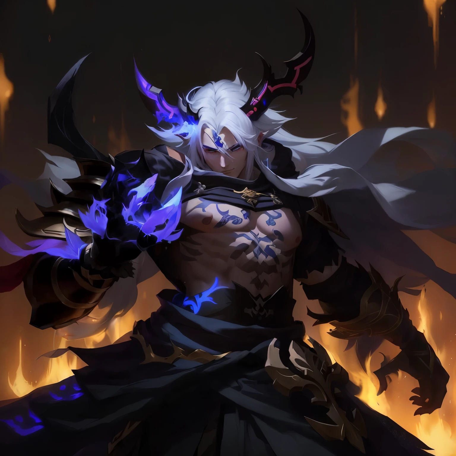 a drawing of a male character with white hair and blue eyes, detailed art of onmyoji, fit male demon with white horns, the former demon king, 由杨J, league of legends character, league of legends character art, onmyoji, sylas, keqing do impacto genshin, demon soul concept art, demon lord, league of legends concept art, Youngh, anime styling