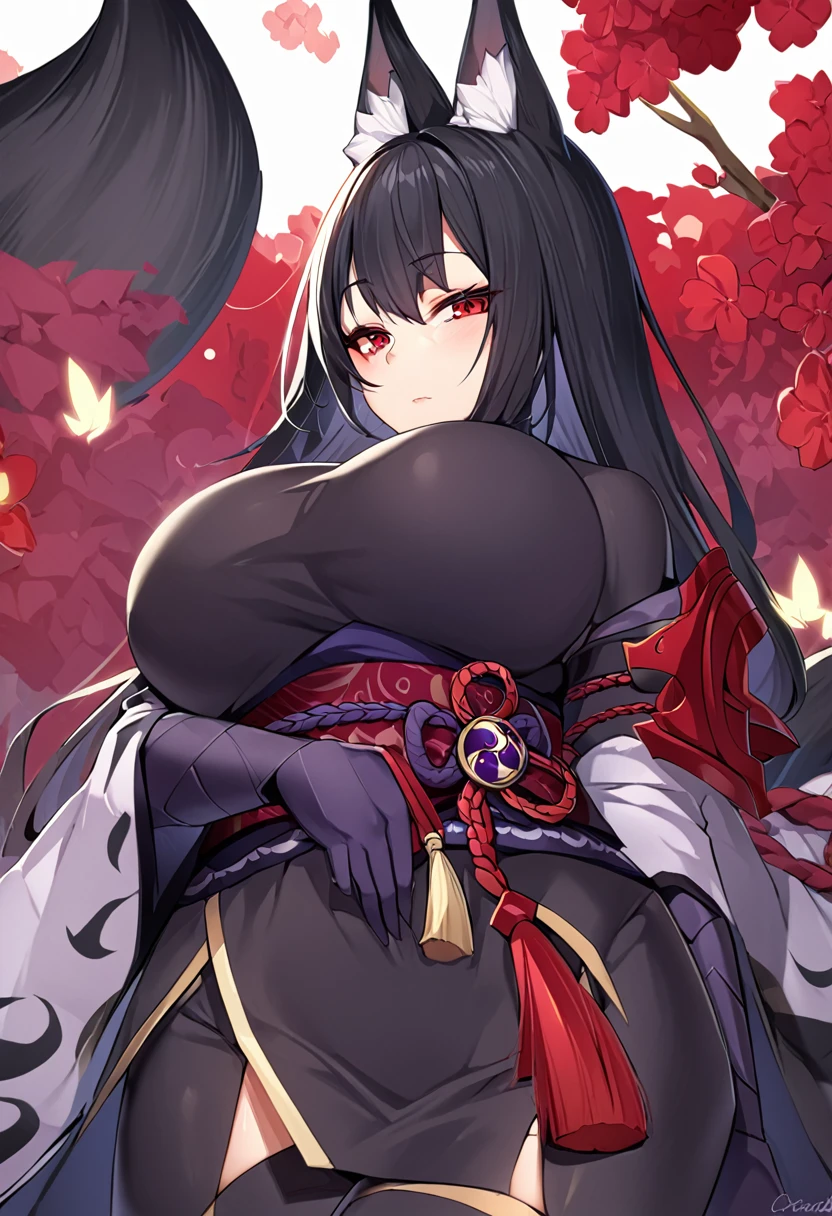 Beautiful black Kitsune, red eyes, highly detailed face, highly detailed eyes, big breasts, mature woman, several black kitsune tails, soft long Black Kitsune ears, Wearing Red And Black Shogun Armor, wide waist
