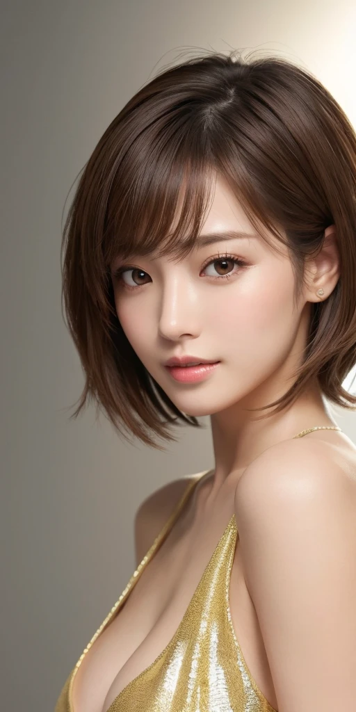 masterpiece、Highest quality、High resolution、Tabletop、wallpaper、Realistic、Bright lighting、Professional Lighting、Face Light、Smooth lighting、Japanese women、Adult、Beautiful woman、action、gravure、sexy、Beautiful style like a supermodel、Walking the runway、so beautiful、Beautiful Skin、Beautiful and detailed、Detailed face、slim、moderately、short hair、Brunette colored hair、Brown eyes、Looking at the camera、I have a sax