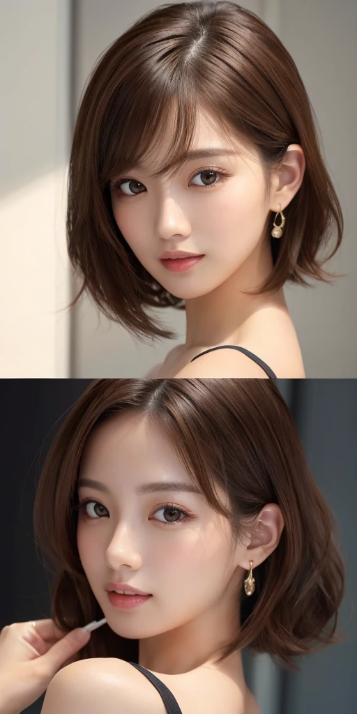 masterpiece、Highest quality、High resolution、Tabletop、wallpaper、Realistic、Bright lighting、Professional Lighting、Face Light、Smooth lighting、Japanese women、Adult、Beautiful woman、action、gravure、sexy、Beautiful style like a supermodel、Walking the runway、so beautiful、Beautiful Skin、Beautiful and detailed、Detailed face、slim、moderately、short hair、Brunette colored hair、Brown eyes、Looking at the camera、I have a sax