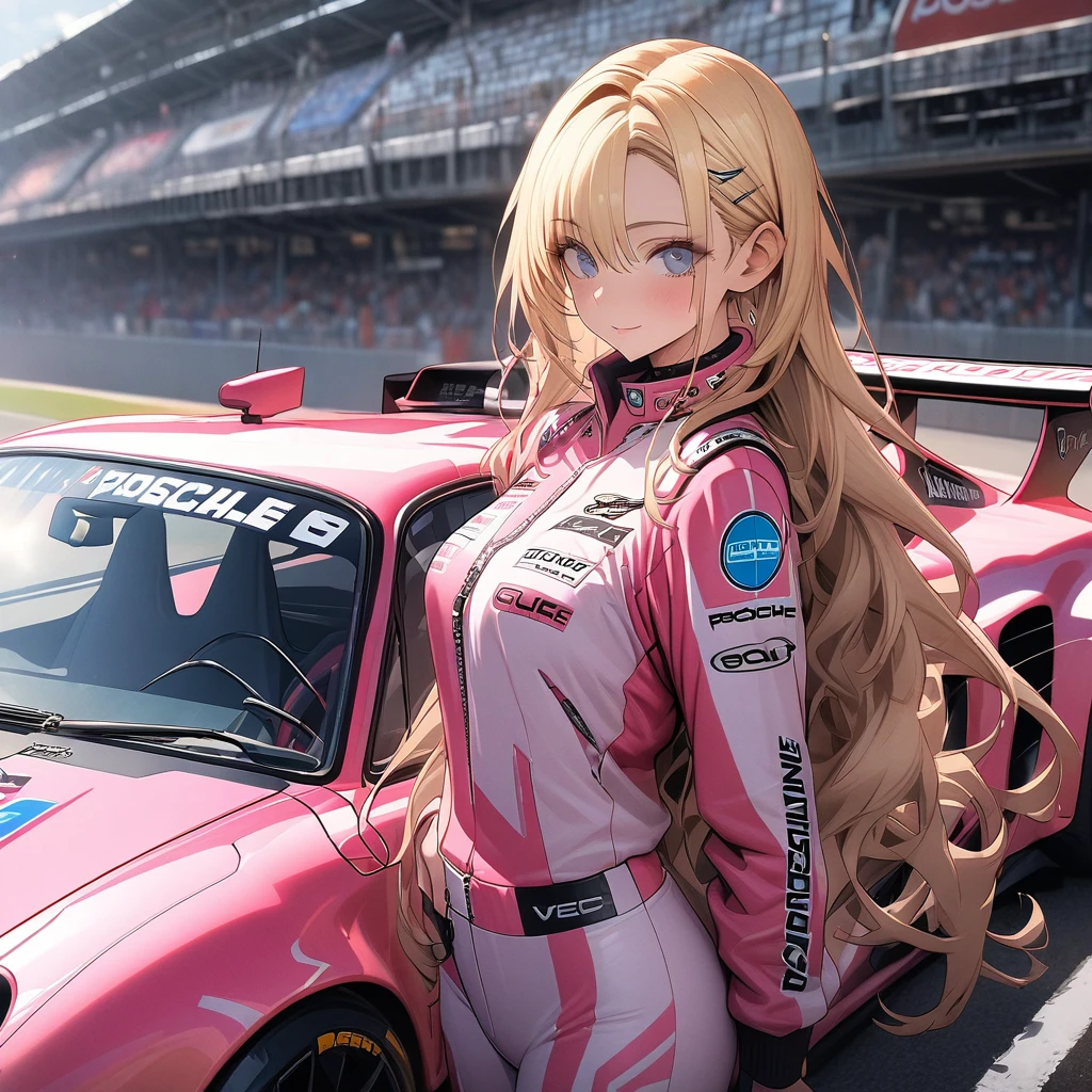 High resolution digital CG image, a beautiful futuristic girl is posing in front of a Porsche 911 ,The girl has long hair with a mixture of blonde hair and blue eye.She is wearing a pink racing suit with mecha-style decorations, and there are many sponsor logos on the suit.The pink color racing car is a Porsche 911 car ,look back,circuit starting grid background, (holding a full face type pink helmet under her arm :1.2)、striking a cool pose next to her car.、Cybertic expression of the future, the texture of beautiful hair, the luster of skin, the beauty of eyes, the luster and texture of a racing suit, the beauty of the racing car body and mechanical expression,(master piece4k, 8k,best quality1.2)ultra detail