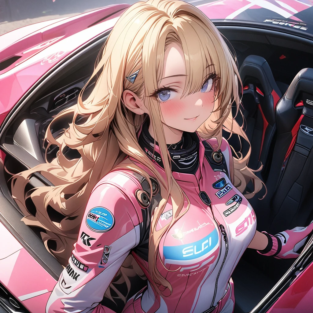 High resolution digital CG image, a beautiful futuristic girl is posing in front of a Porsche 911 ,The girl has long hair with a mixture of blonde hair and blue eye.She is wearing a pink racing suit with mecha-style decorations, and there are many sponsor logos on the suit.The pink color racing car is a Porsche 911  car ,look back,circuit starting grid background, (holding a full face type pink helmet under her arm :1.2)、striking a cool pose next to her car.、Cybertic expression of the future, the texture of beautiful hair, the luster of skin, the beauty of eyes, the luster and texture of a racing suit, the beauty of the racing car body and mechanical expression,(master piece4k, 8k,best quality1.2)ultra detail