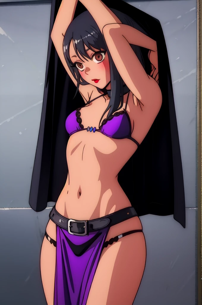 Gothic, Gothic clothing, Black Gothic, Black hair with a Violet shine, slim but sexy, light brown eyes, red lips Black clothes, sexy black lingerie, long black boots.