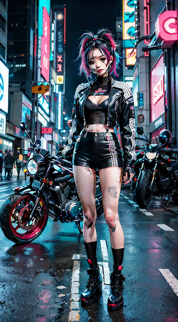 masterpiece, best quality, Confident cyberpunk girl, full body shot, ((standing in front of motorcycle)), Harajuku-inspired pop outfit, bold colors and patterns, eye-catching accessories, trendy and innovative hairstyle, vibrant makeup, Cyberpunk dazzling cityscape, skyscrapers, neon signs, LED lights, bright and vivid color scheme, anime, illustration, detailed skin texture, detailed cloth texture, beautiful detailed face, intricate details, ultra detailed.