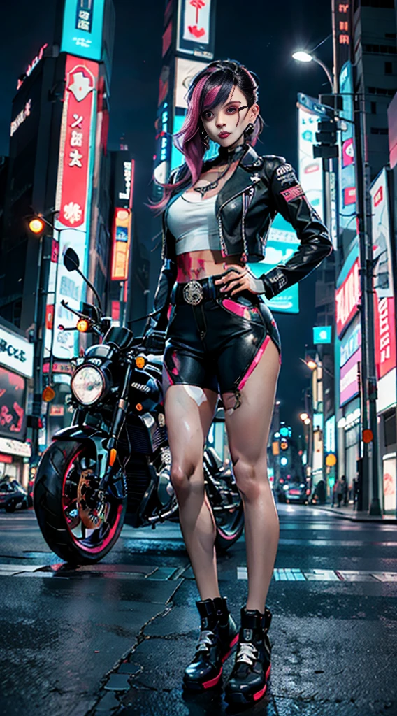 masterpiece, best quality, Confident cyberpunk girl, full body shot, ((standing in front of motorcycle)), Harajuku-inspired pop outfit, bold colors and patterns, eye-catching accessories, trendy and innovative hairstyle, vibrant makeup, Cyberpunk dazzling cityscape, skyscrapers, neon signs, LED lights, bright and vivid color scheme, anime, illustration, detailed skin texture, detailed cloth texture, beautiful detailed face, intricate details, ultra detailed.