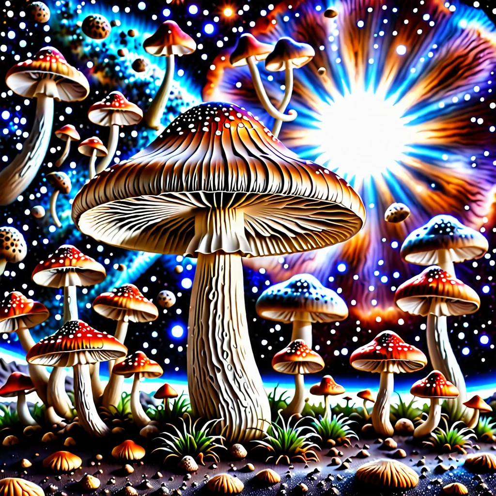 holy space mushroom on space background photorealistic, feeling omnipotence of the mushroom and feeling that the mushroom is god
