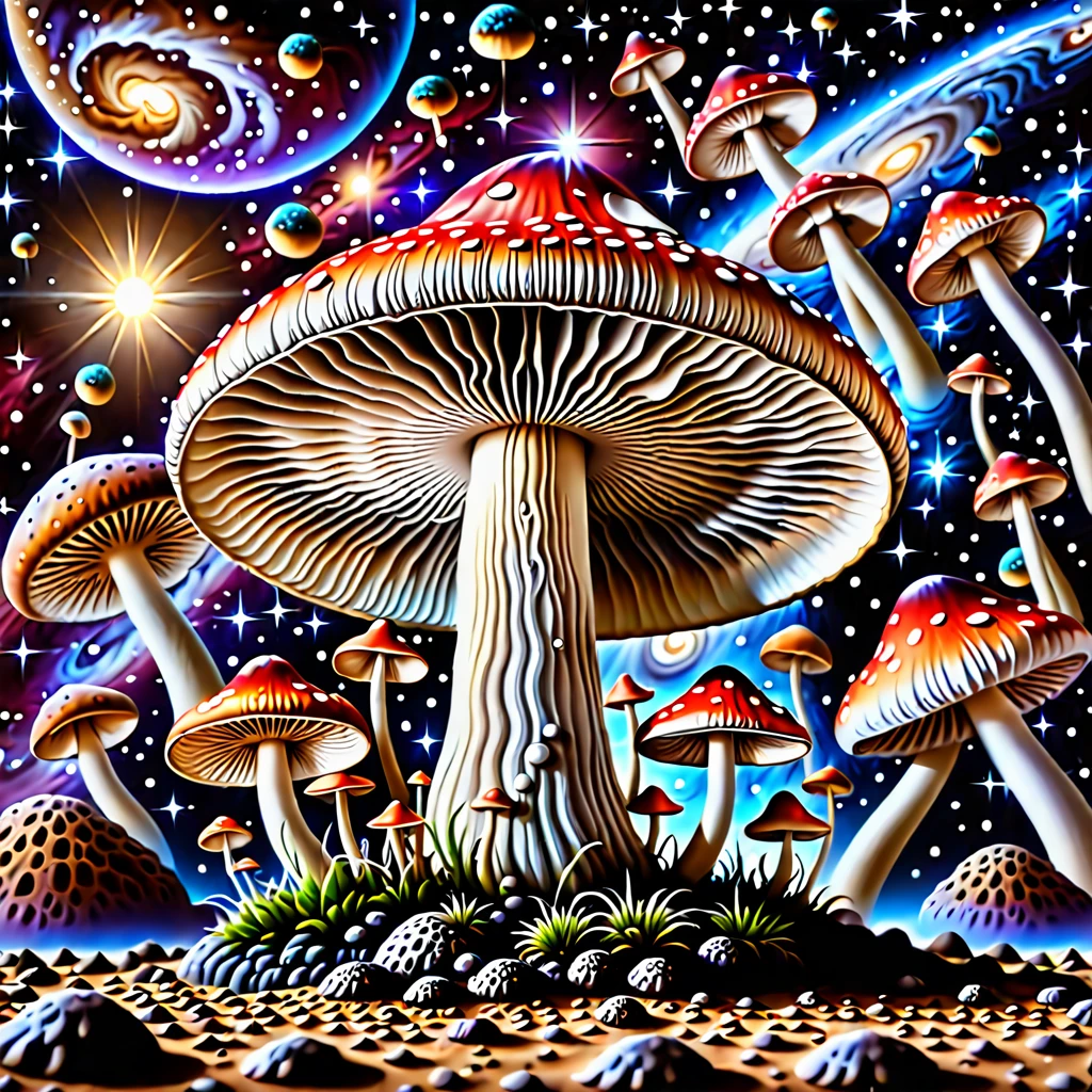 holy space mushroom on space background photorealistic, feeling omnipotence of the mushroom and feeling that the mushroom is god
