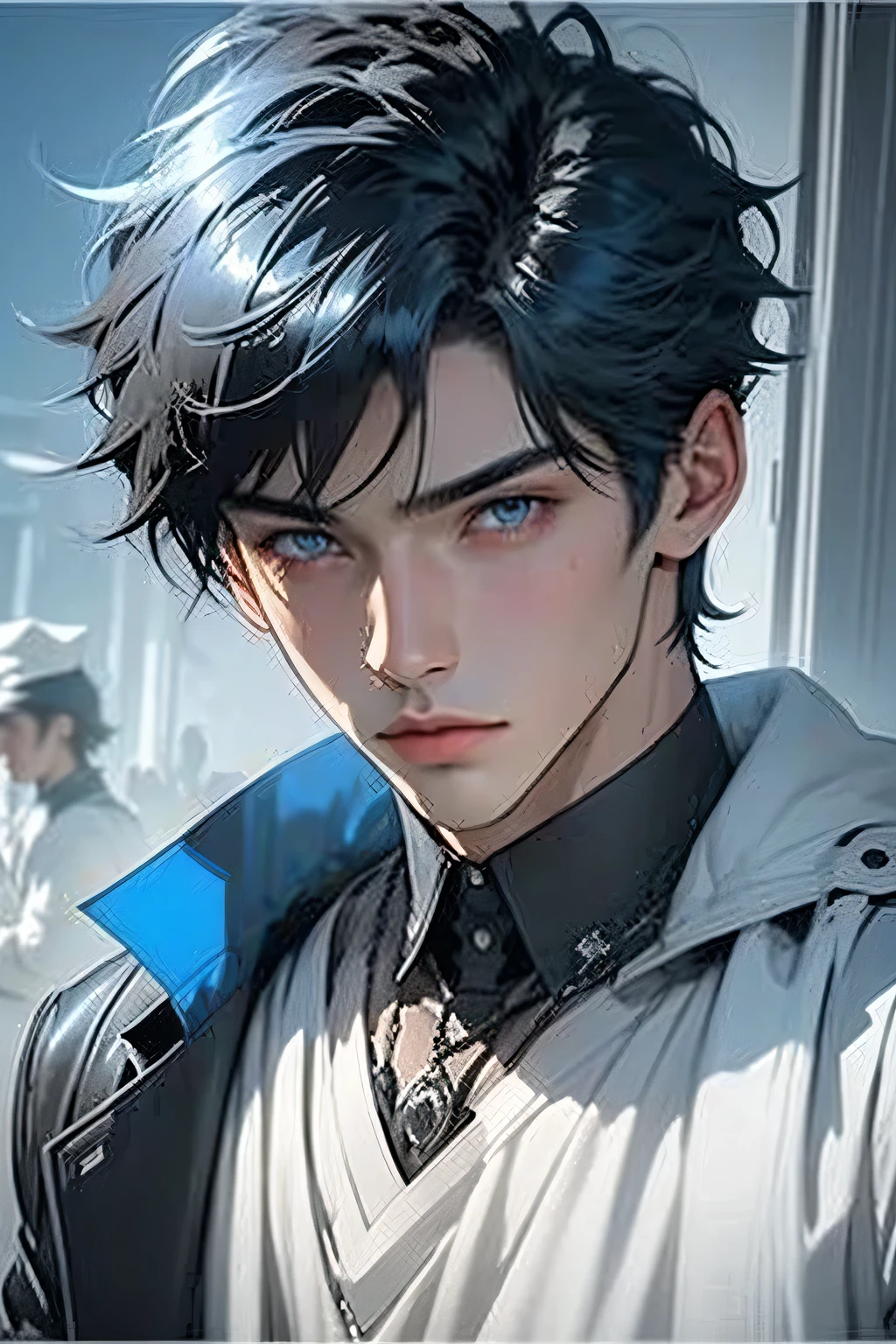 Masterpiece, 1 cool boy, handsome, looking at viewers, White Moonlight, short black hair with bangs, Good Kids , blue eyes, bright blue eyes, detail face, Two-Dimensional School Top quality, Masterpiece Ripe point