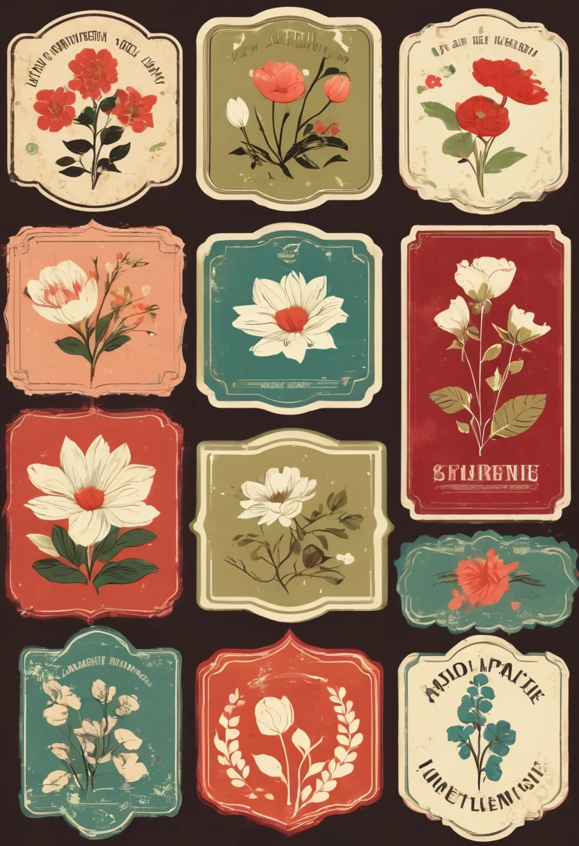 Multiple aligned vintage labels,cute,flower,Stylish