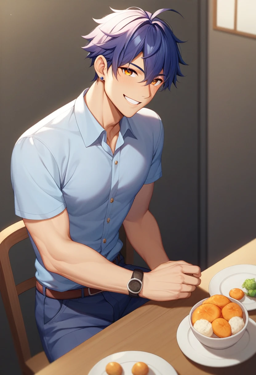 Fill with background、((Male, around 18 years old:1.2))、((1 men's:1.3))、((half up and half down hair:1.2))、beautiful smile、beautiful graphic、high quality、Sparkling Shiny eyes、Cafe terrace、lunch Time、omelet containing fried rice、