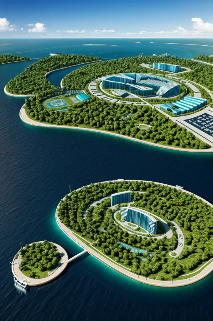 A futuristic city on an artificial island with forests